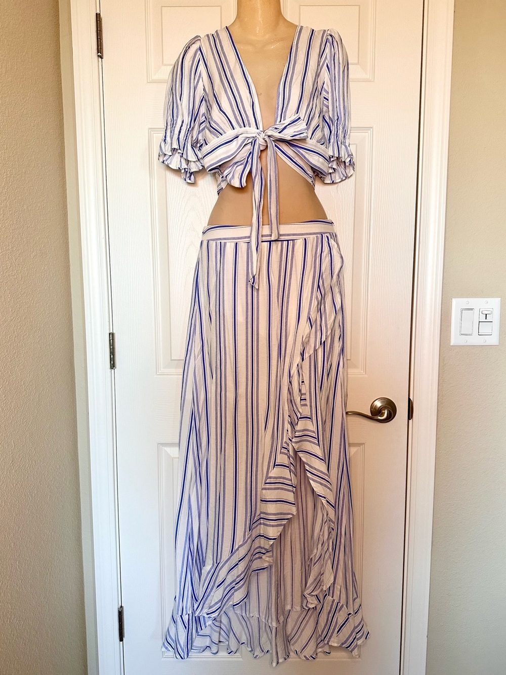 Blue & White Striped Tie-Front Maxi Dress